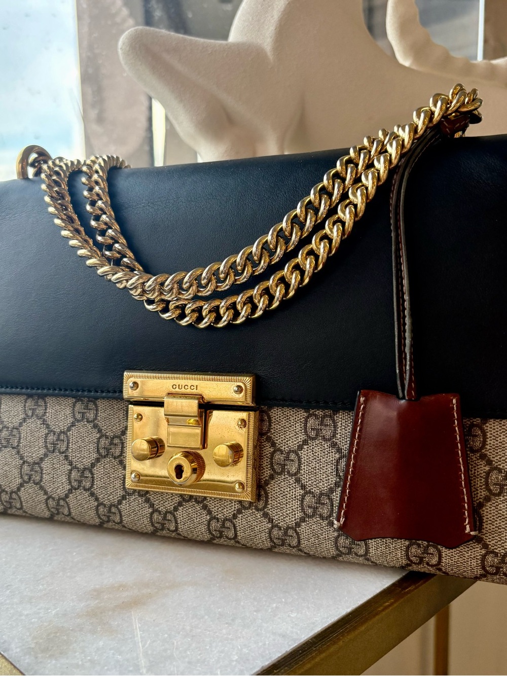 Gucci PADLOCK SUPREME Black Leather GG Canvas Bag Gold Hardware Medium COA